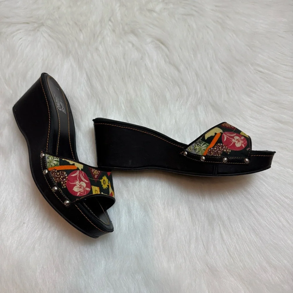 Vintage Salvatore Ferragamo Denim Studded Floral Pattern Wooden Wedges - Picture 2 of 7